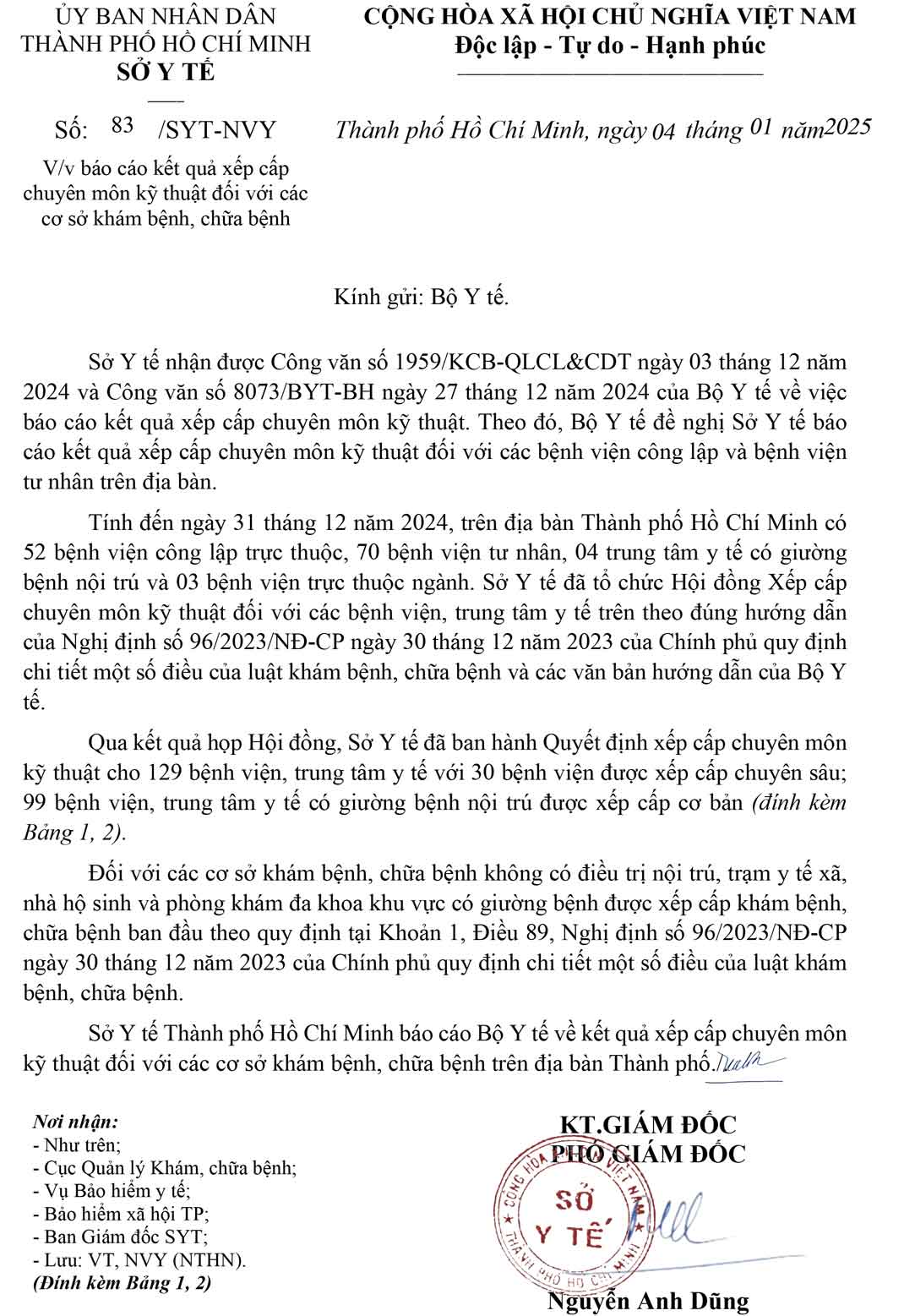 báo cáo kết quả xếp cấp chuyên môn kỹ thuật đối với các cơ sở khám bệnh, chữa bệnh