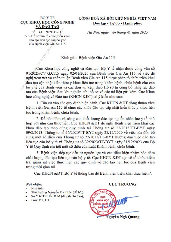 Bệnh viện Gia An 115 được Bộ Y tế cho phép tổ chức triển khai đào tạo y khoa liên tục
